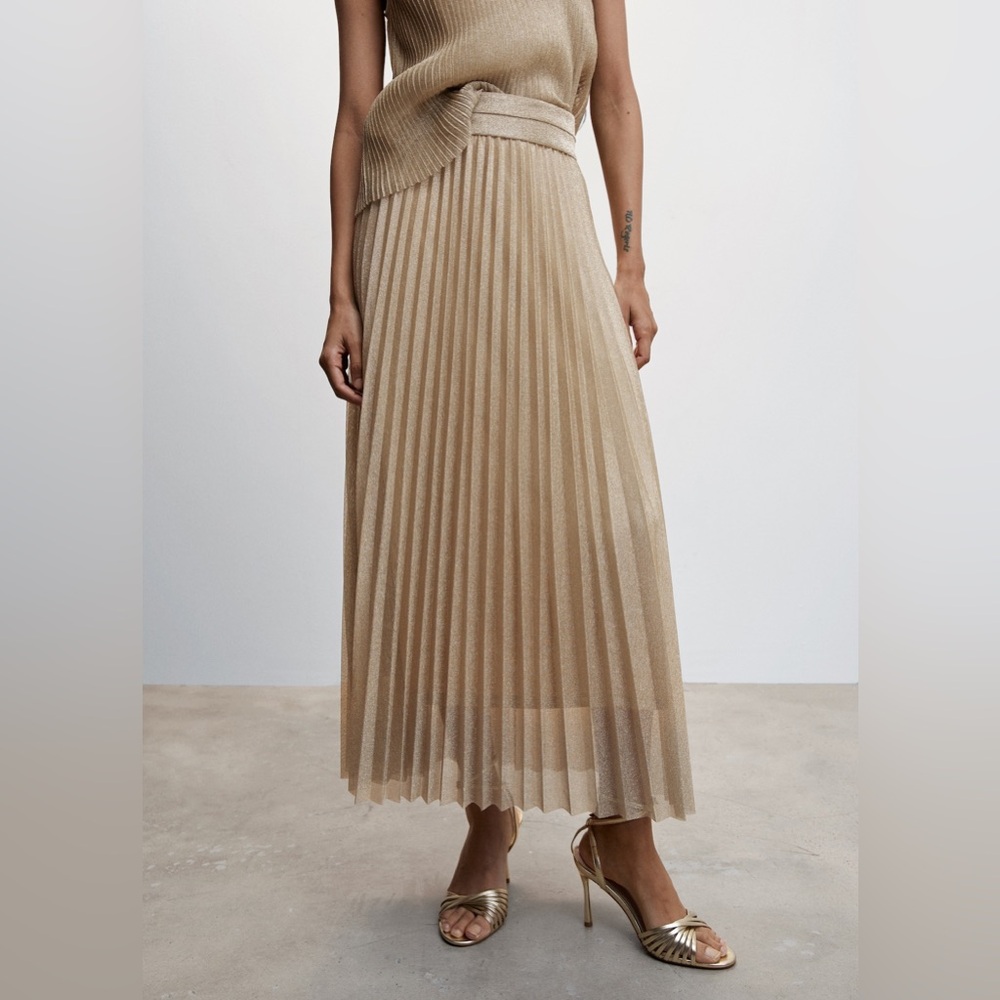Mango Gold Midi A-Line Skirt Pleated Cocktail
